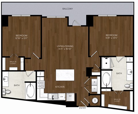 Floor plan for 2 beds, 2 baths, 1169 sqft